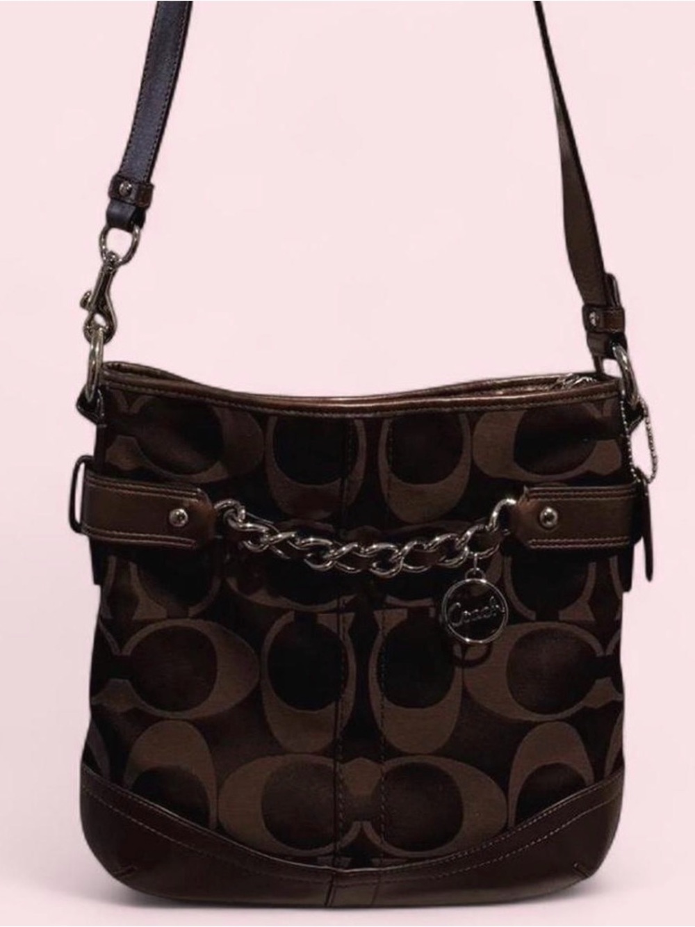 Coach Signature Chain Shoulder Bag Brown Monogram Y2K Rare Style F19730